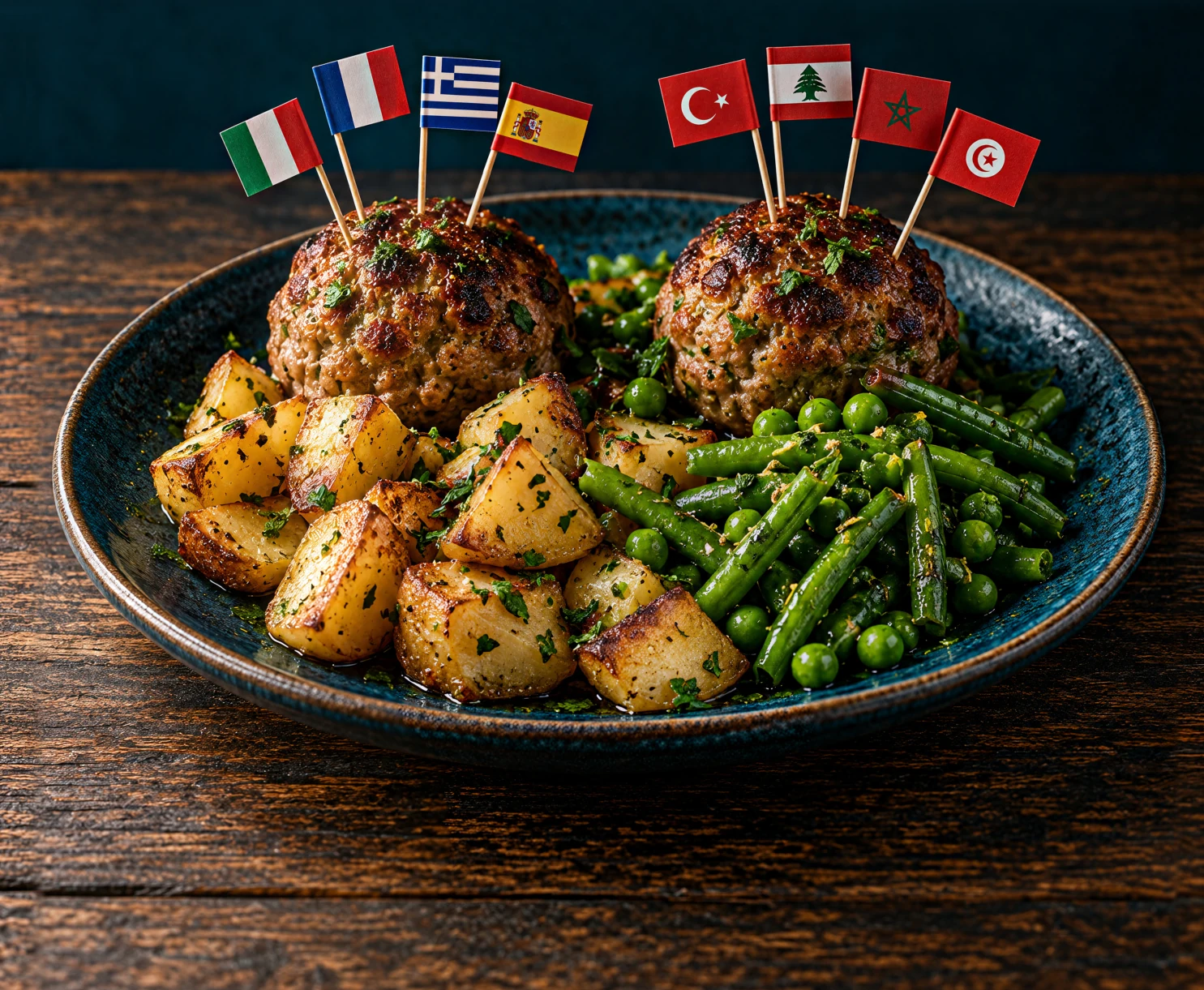 Een Hollands prakje met gehaktballen, aardappelen en sperziebonen, met vlaggen van de mediterrane keukens